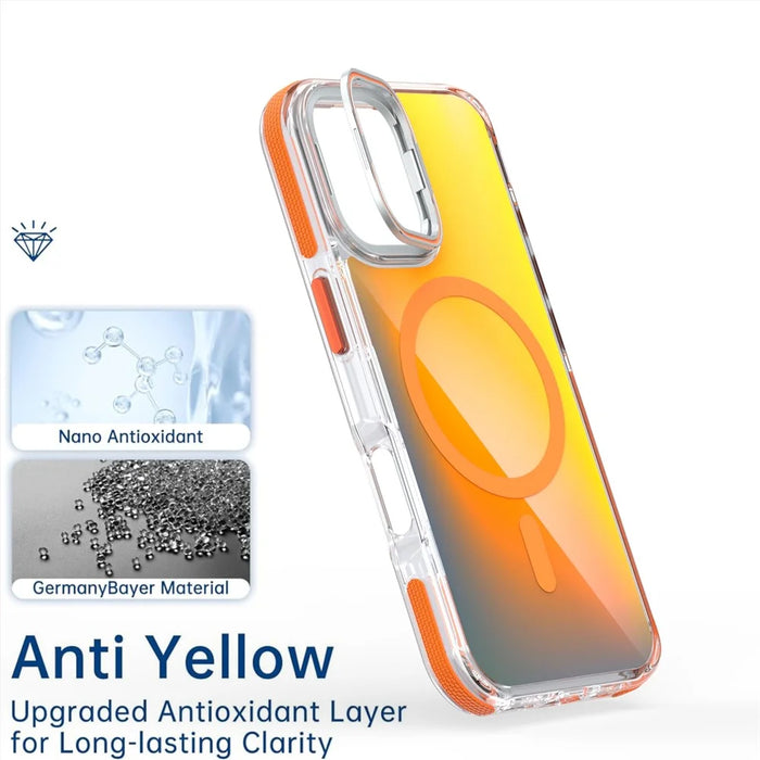 For iPhone 17 Magnetic Case Fluorescent Design TPU Acrylic Phone Back Cover with Lens Frame Kickstand - Orange - 6