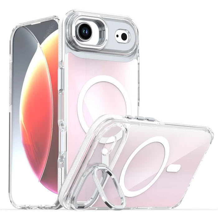 For iPhone Air Magnetic Case Fluorescent Design TPU Acrylic Phone Back Cover with Lens Frame Kickstand - White - 1