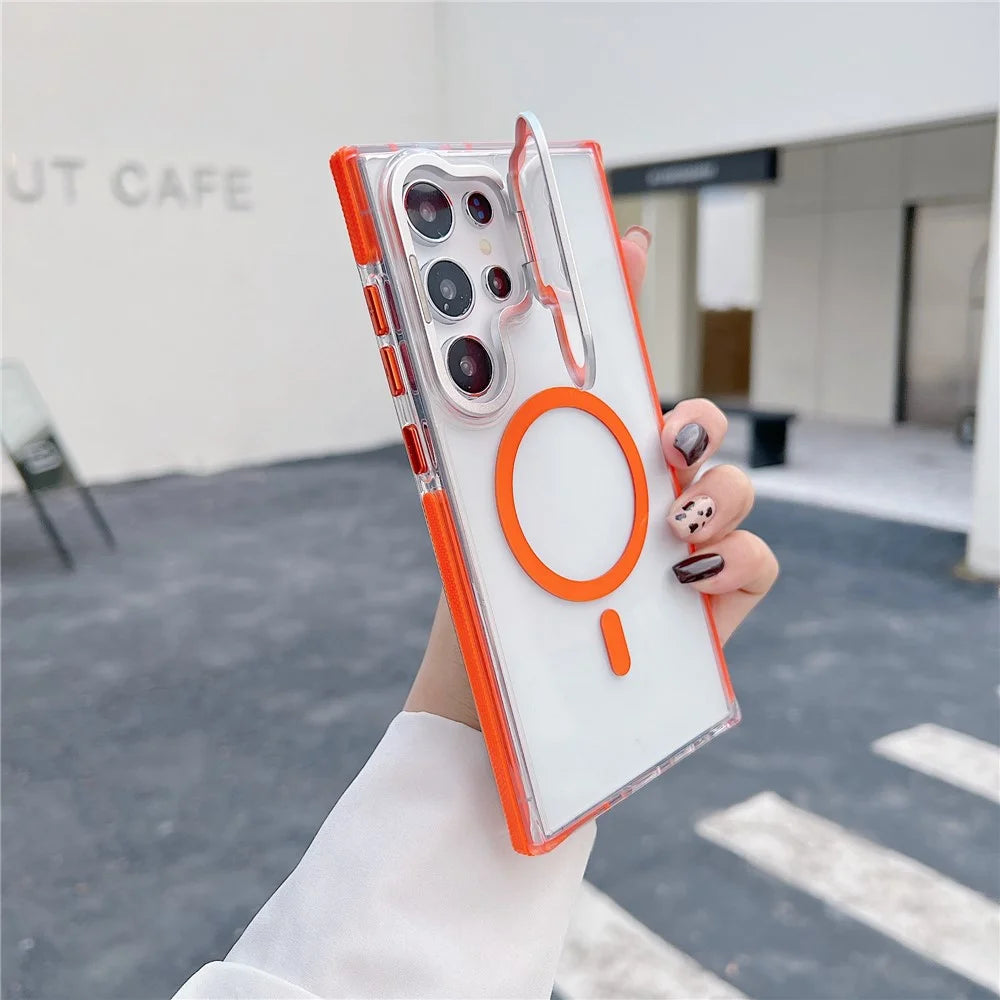 For Samsung Galaxy S26 Ultra Magnetic Case TPU Acrylic Clear Phone Back Cover with Lens Protector Kickstand - Orange - 2