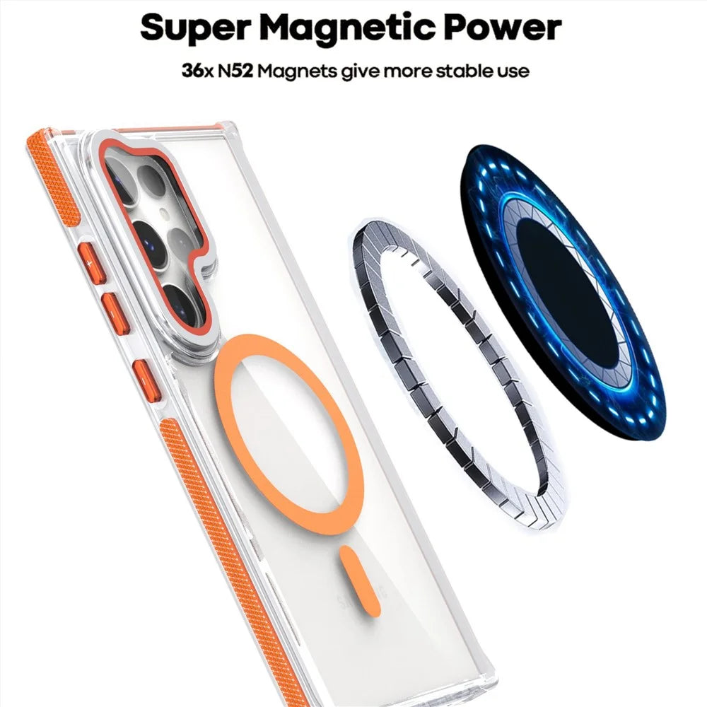 For Samsung Galaxy S26 Ultra Magnetic Case TPU Acrylic Clear Phone Back Cover with Lens Protector Kickstand - Orange - 6