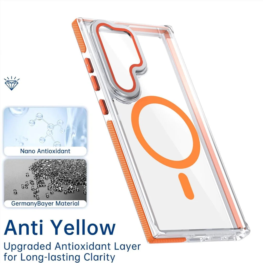 For Samsung Galaxy S26 Ultra Magnetic Case TPU Acrylic Clear Phone Back Cover with Lens Protector Kickstand - Orange - 7