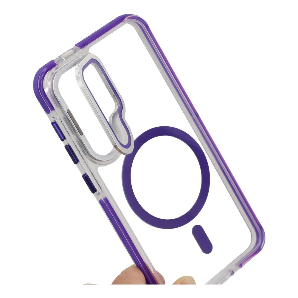 For Samsung Galaxy S26+ Magnetic Case TPU Acrylic Clear Phone Back Cover with Lens Protector Kickstand - Purple - 7