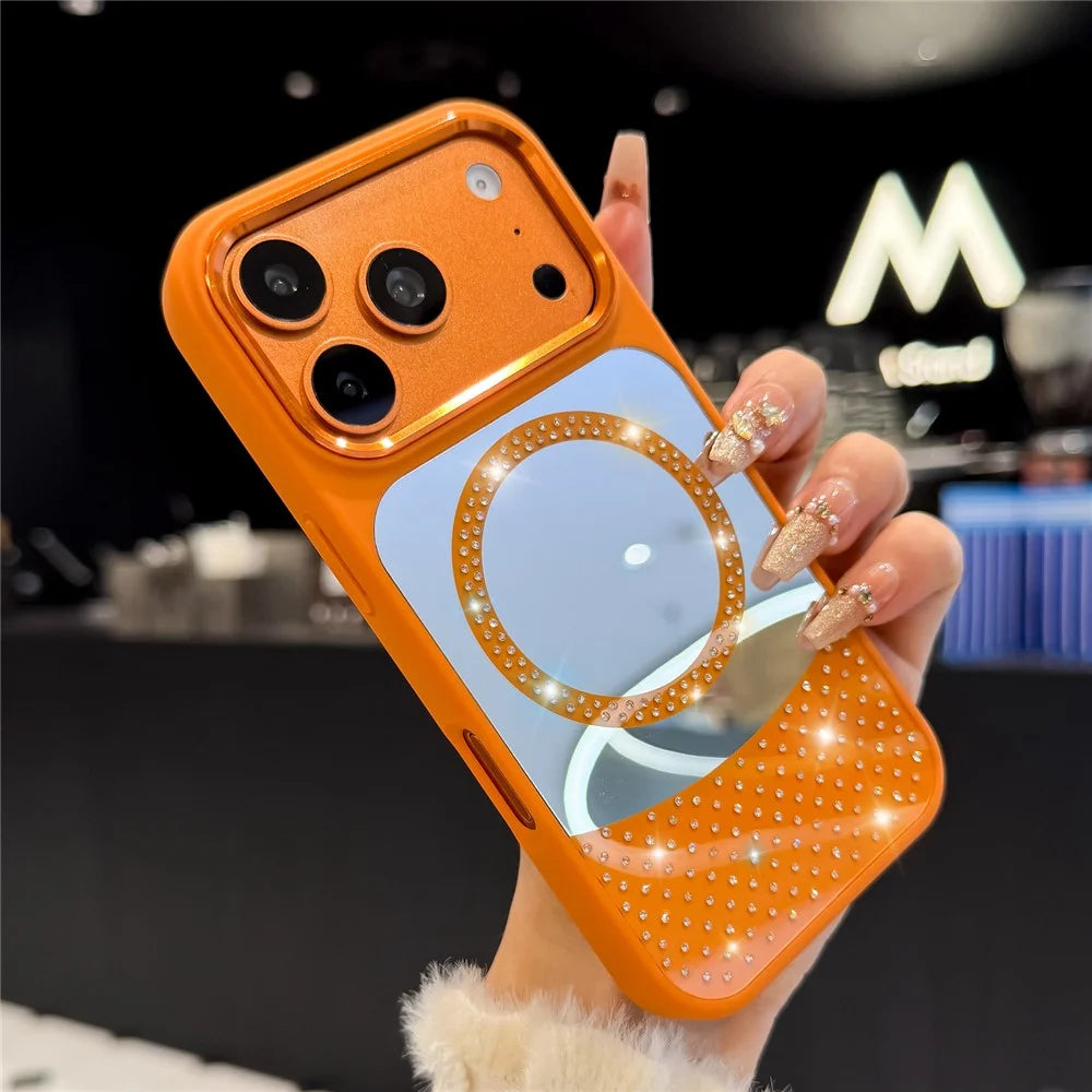 For iPhone 17 Pro Magnetic Case Mirror Surface TPU + PC Shockproof Phone Cover Compatible with MagSafe - Orange - 4