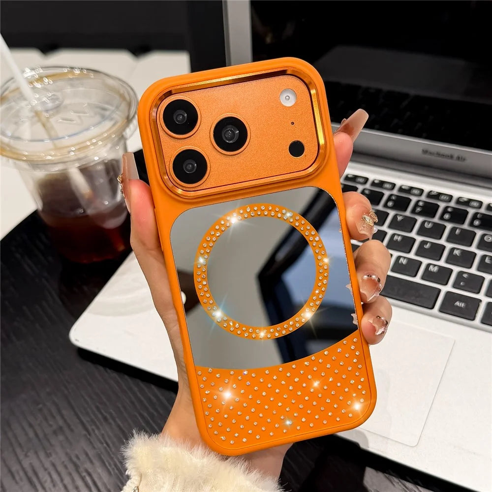 For iPhone 17 Pro Max Magnetic Case Mirror Surface TPU + PC Shockproof Phone Cover Compatible with MagSafe - Orange - 2