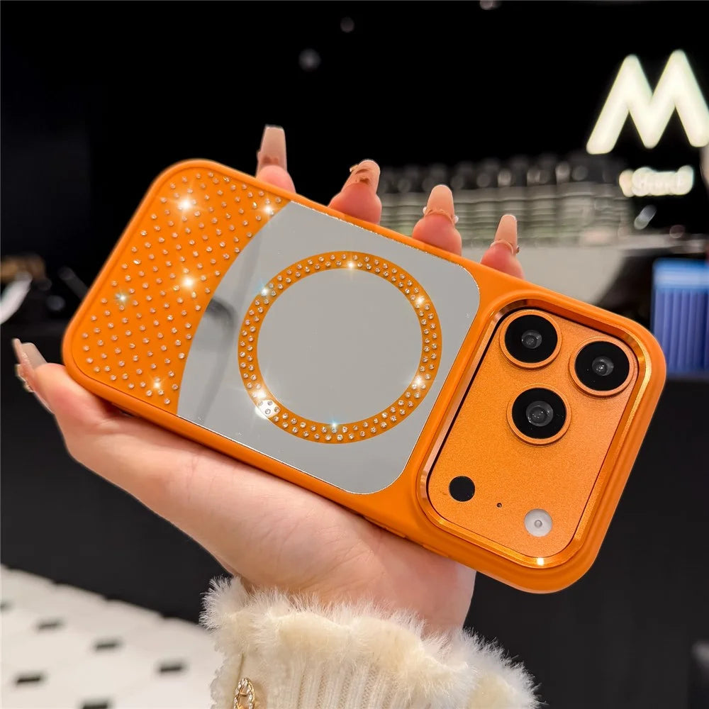 For iPhone 17 Pro Max Magnetic Case Mirror Surface TPU + PC Shockproof Phone Cover Compatible with MagSafe - Orange - 3