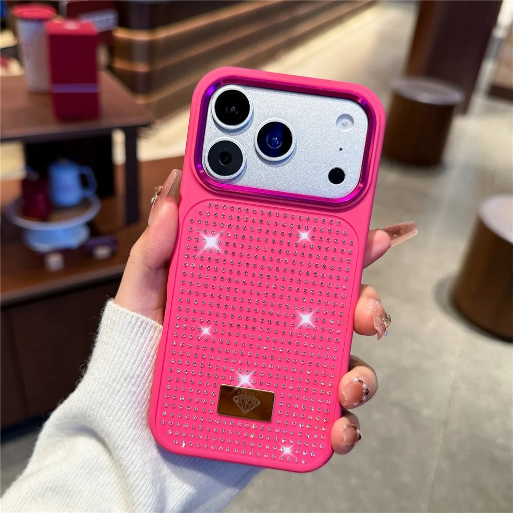 For iPhone 17 Pro Max Case Resin Rhinestones Metal Emblem TPU + PC Shockproof Phone Cover - Rose - 3