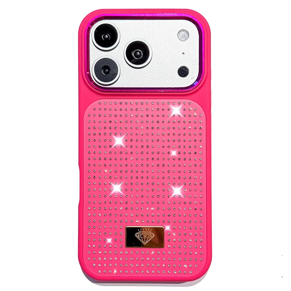 For iPhone 17 Pro Case Resin Rhinestones Metal Emblem TPU + PC Shockproof Phone Cover - Rose - 1