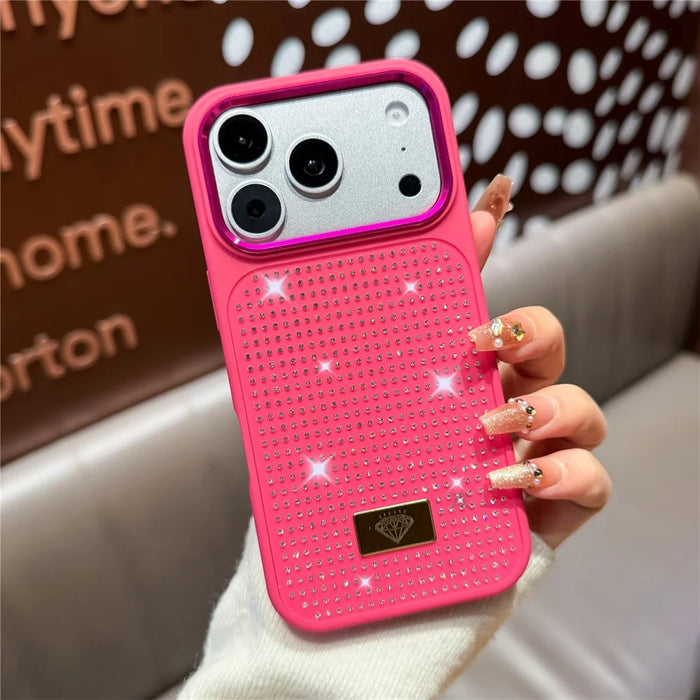 For iPhone 17 Pro Case Resin Rhinestones Metal Emblem TPU + PC Shockproof Phone Cover - Rose - 2