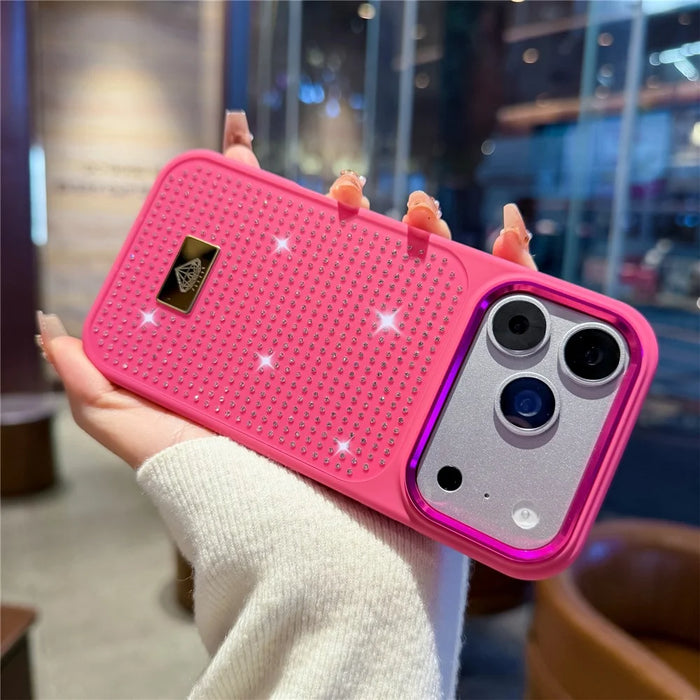 For iPhone 17 Pro Case Resin Rhinestones Metal Emblem TPU + PC Shockproof Phone Cover - Rose - 4