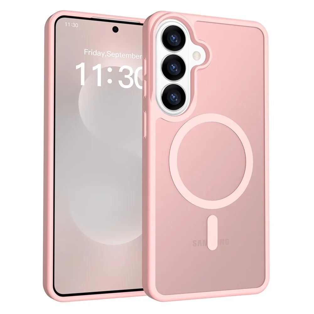 For Samsung Galaxy S26+ Magnetic Case TPU Frame Acrylic Back Phone Cover Skin Touch - Pink - 1