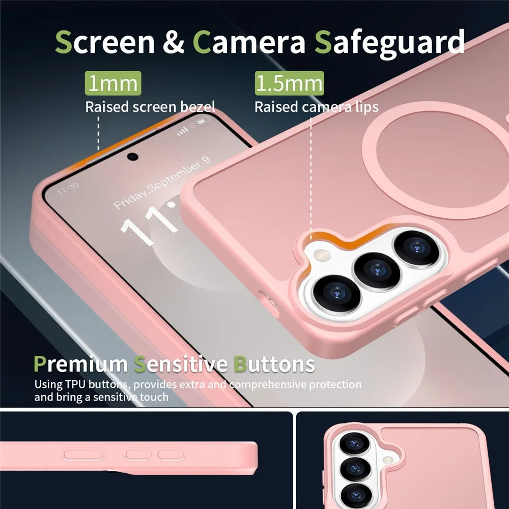 For Samsung Galaxy S26+ Magnetic Case TPU Frame Acrylic Back Phone Cover Skin Touch - Pink - 3