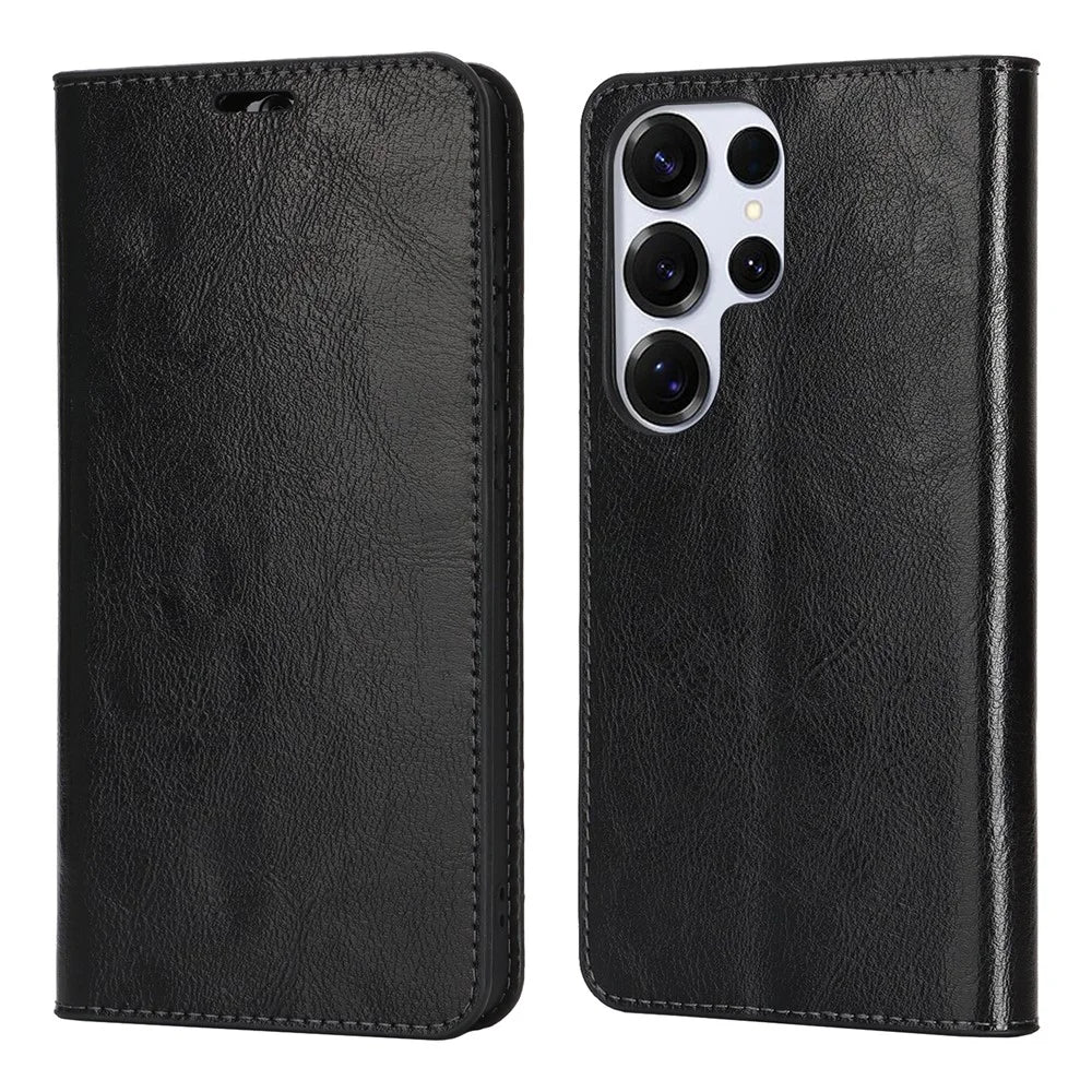 For Samsung Galaxy S26 Ultra Case Crazy Horse Texture Split Leather Wallet Phone Cover - Black - 1