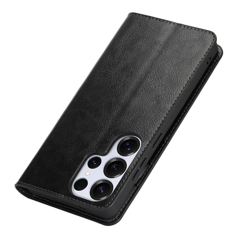 For Samsung Galaxy S26 Ultra Case Crazy Horse Texture Split Leather Wallet Phone Cover - Black - 4