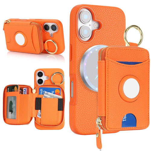 For iPhone 17 Case PU Leather Coated TPU Phone Cover with Magnetic Detachable Wallet for AirTag - Orange - 1