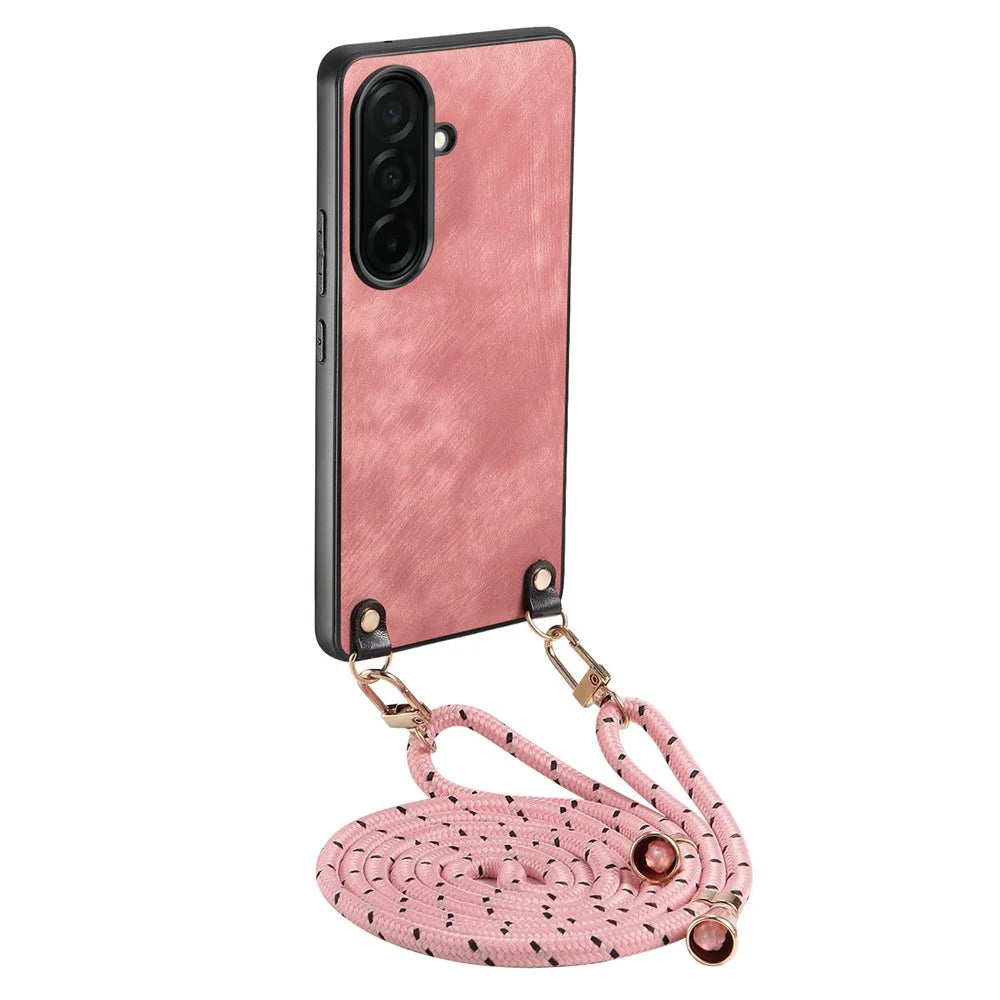 For Samsung Galaxy A57 5G Retro Leather Phone Back Cover with Adjustable Strap - Pink - 1