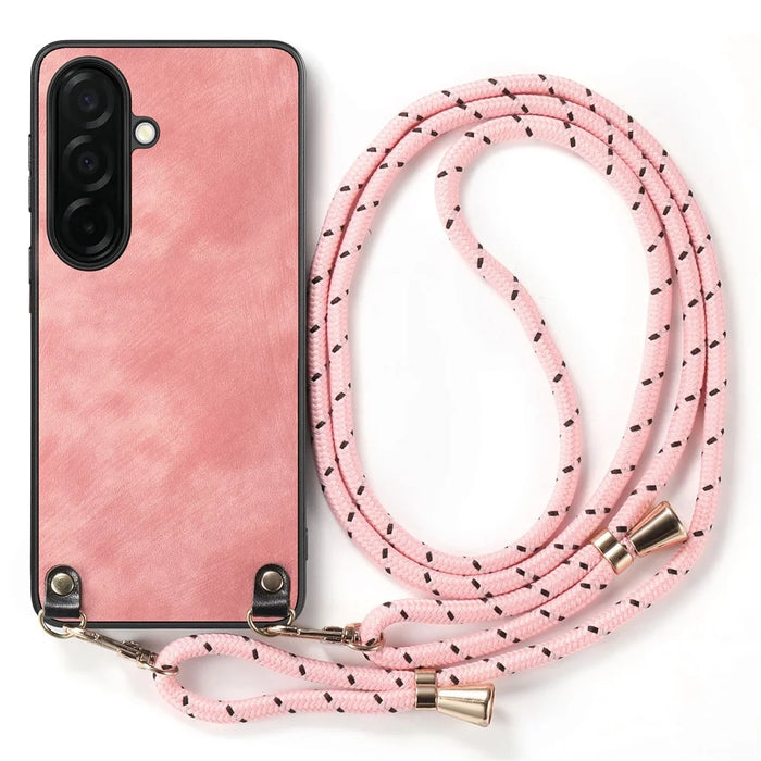 For Samsung Galaxy A57 5G Retro Leather Phone Back Cover with Adjustable Strap - Pink - 2