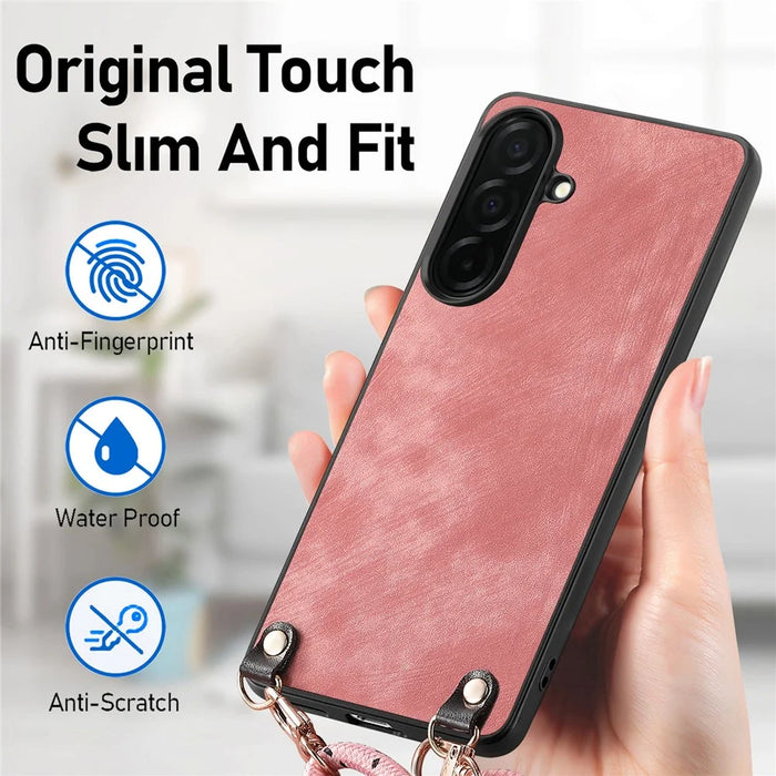 For Samsung Galaxy A57 5G Retro Leather Phone Back Cover with Adjustable Strap - Pink - 4