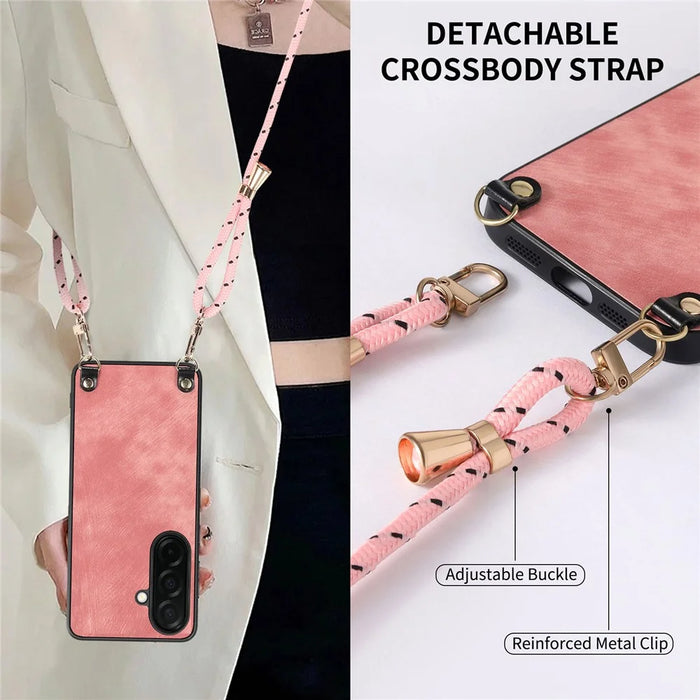 For Samsung Galaxy A57 5G Retro Leather Phone Back Cover with Adjustable Strap - Pink - 5