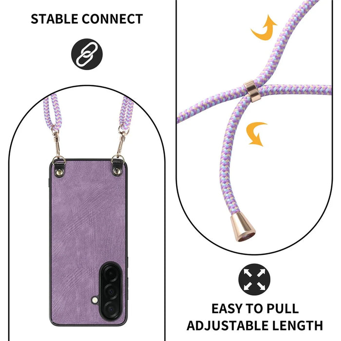 For Samsung Galaxy A57 5G Retro Leather Phone Back Cover with Adjustable Strap - Pink - 6