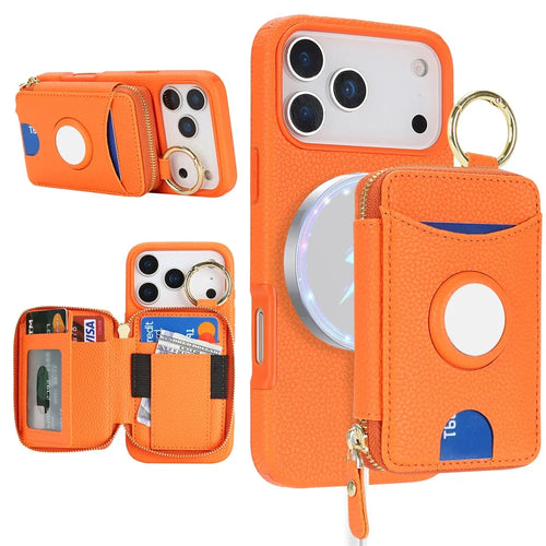 For iPhone 18 Pro Max / 17 Pro Max Case PU Leather Coated TPU Phone Cover with Magnetic Detachable Wallet for AirTag - Orange - 1