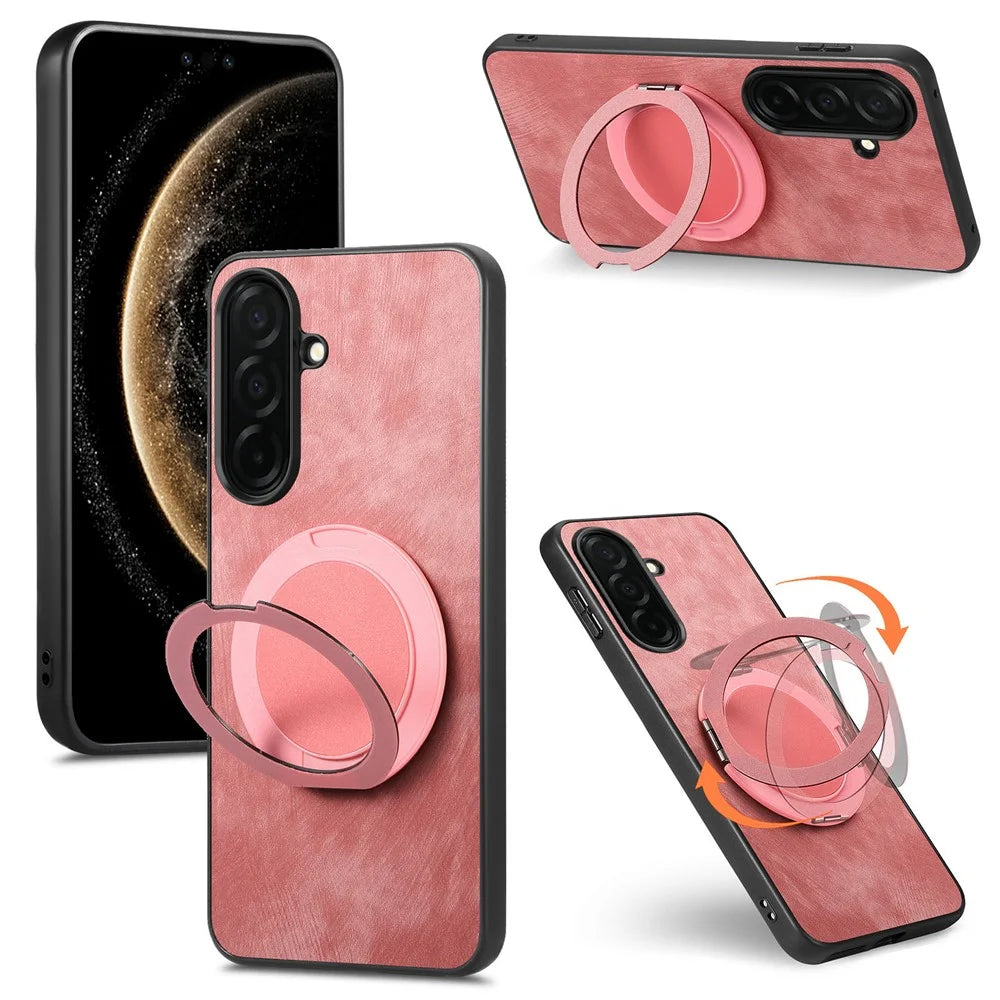 For Samsung Galaxy A57 5G Phone Case with Rotating Kickstand Stress Relief Retro Leather Back Cover - Pink - 1