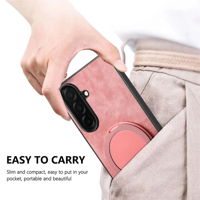 For Samsung Galaxy A57 5G Phone Case with Rotating Kickstand Stress Relief Retro Leather Back Cover - Pink - 6