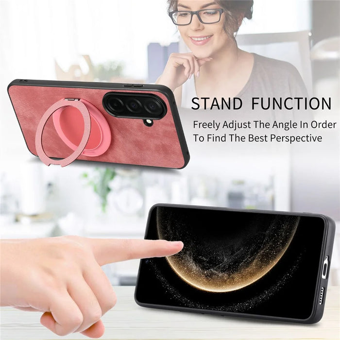 For Samsung Galaxy A57 5G Phone Case with Rotating Kickstand Stress Relief Retro Leather Back Cover - Pink - 7
