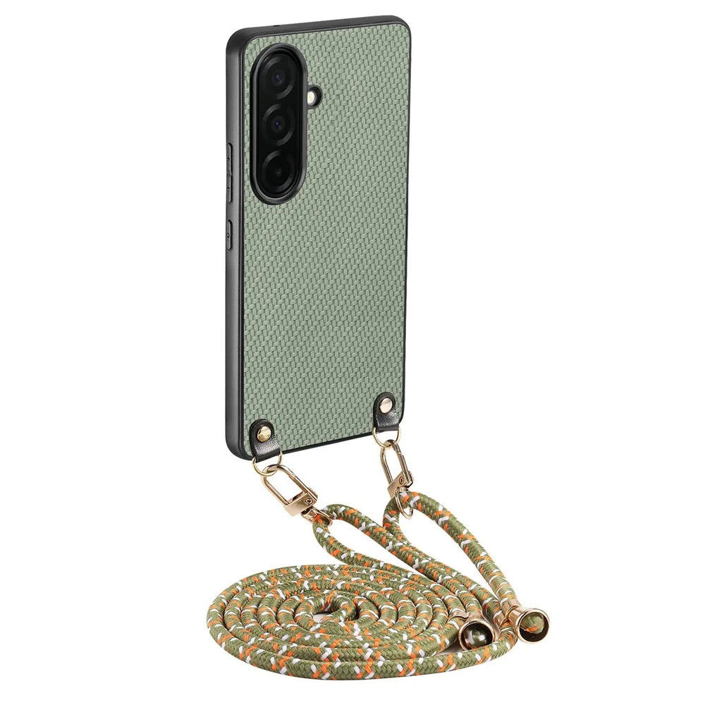 For Samsung Galaxy A57 5G Case Carbon Fiber Texture Hybrid Phone Back Cover with Adjustable Strap - Green - 1
