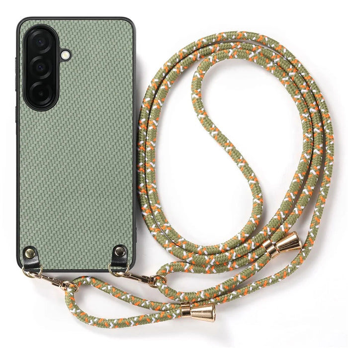 For Samsung Galaxy A57 5G Case Carbon Fiber Texture Hybrid Phone Back Cover with Adjustable Strap - Green - 2
