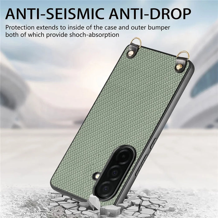 For Samsung Galaxy A57 5G Case Carbon Fiber Texture Hybrid Phone Back Cover with Adjustable Strap - Green - 4