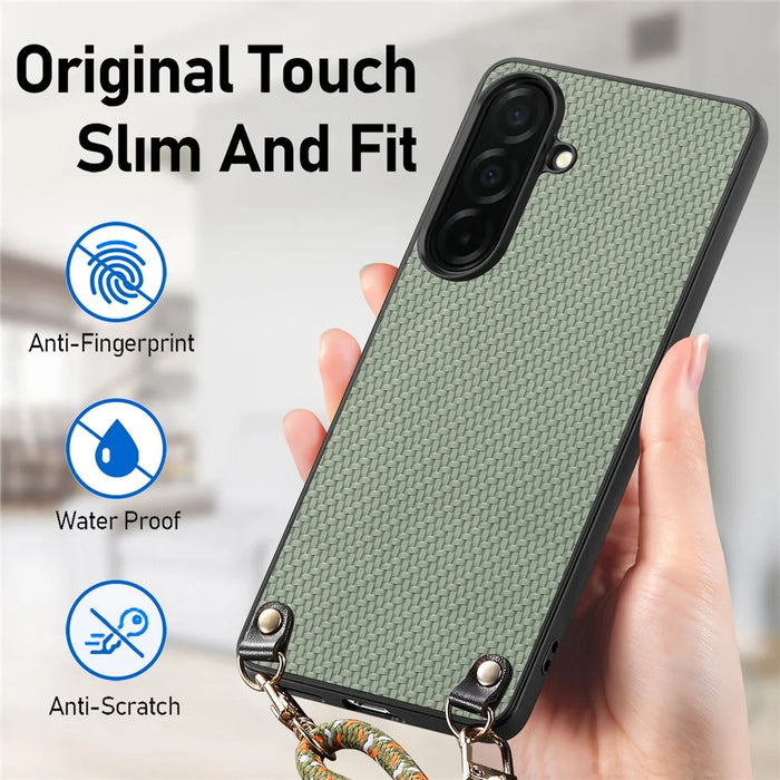 For Samsung Galaxy A57 5G Case Carbon Fiber Texture Hybrid Phone Back Cover with Adjustable Strap - Green - 5