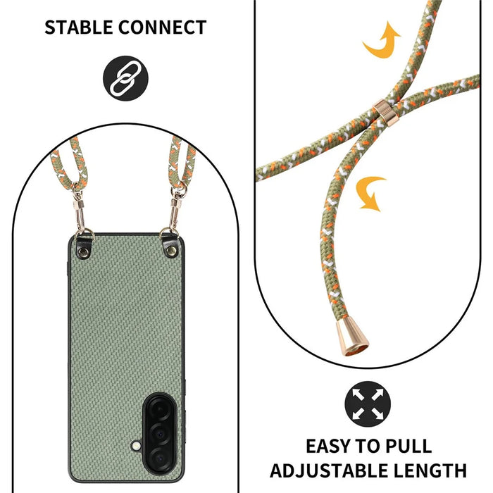 For Samsung Galaxy A57 5G Case Carbon Fiber Texture Hybrid Phone Back Cover with Adjustable Strap - Green - 6
