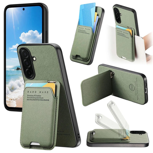 For Samsung Galaxy A57 5G Case Cloth Texture Leather + PC + TPU Phone Cover with Card Holder Kickstand - Green - 1