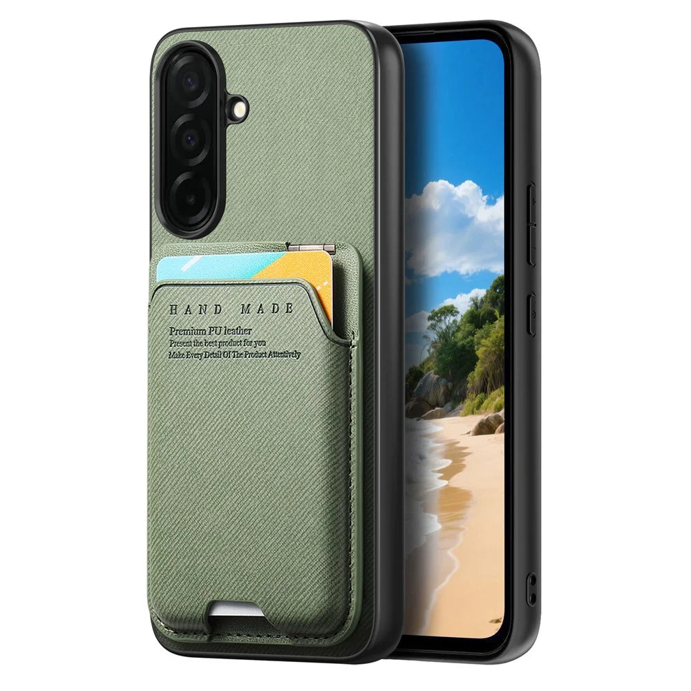 For Samsung Galaxy A57 5G Case Cloth Texture Leather + PC + TPU Phone Cover with Card Holder Kickstand - Green - 2