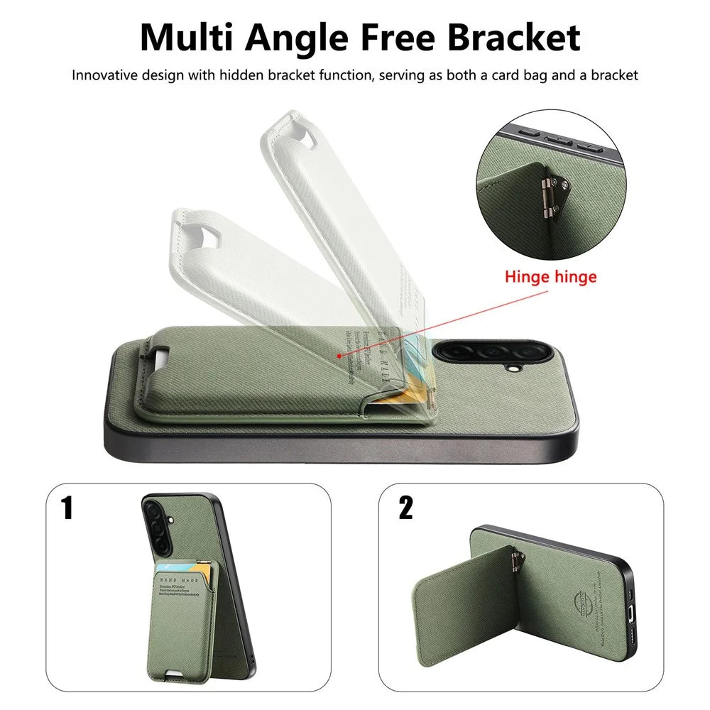 For Samsung Galaxy A57 5G Case Cloth Texture Leather + PC + TPU Phone Cover with Card Holder Kickstand - Green - 5