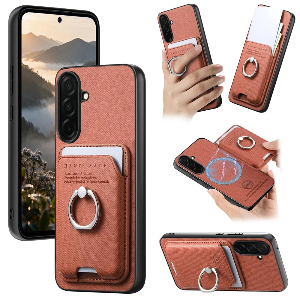 For Samsung Galaxy S26 Case Cloth Texture  Leather + PC + TPU Phone Cover with Detachable Magnetic Ring Kickstand Card Holder - Brown - 1