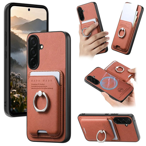 For Samsung Galaxy S26 Case Cloth Texture  Leather + PC + TPU Phone Cover with Detachable Magnetic Ring Kickstand Card Holder - Brown - 1