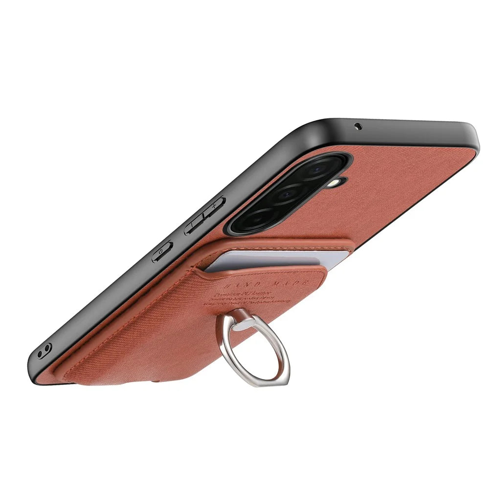For Samsung Galaxy S26 Case Cloth Texture  Leather + PC + TPU Phone Cover with Detachable Magnetic Ring Kickstand Card Holder - Brown - 5