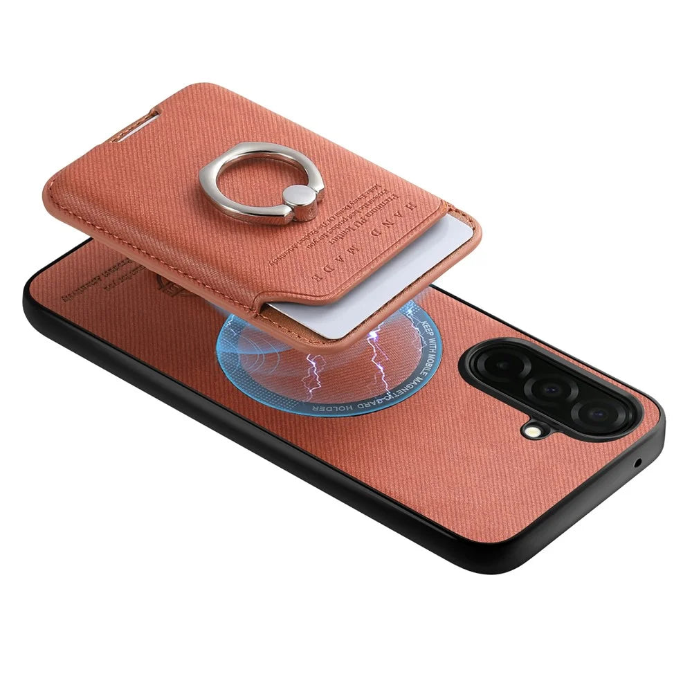 For Samsung Galaxy S26 Case Cloth Texture  Leather + PC + TPU Phone Cover with Detachable Magnetic Ring Kickstand Card Holder - Brown - 6