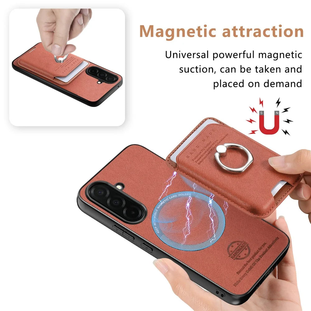 For Samsung Galaxy S26 Case Cloth Texture  Leather + PC + TPU Phone Cover with Detachable Magnetic Ring Kickstand Card Holder - Brown - 7