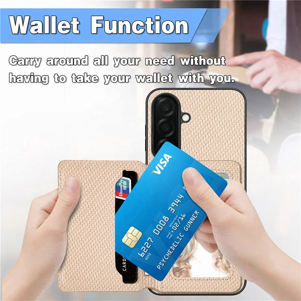 For Samsung Galaxy A57 5G Case RFID Blocking Carbon Fiber Leather Phone Back Cover with Card Holder - Green - 7