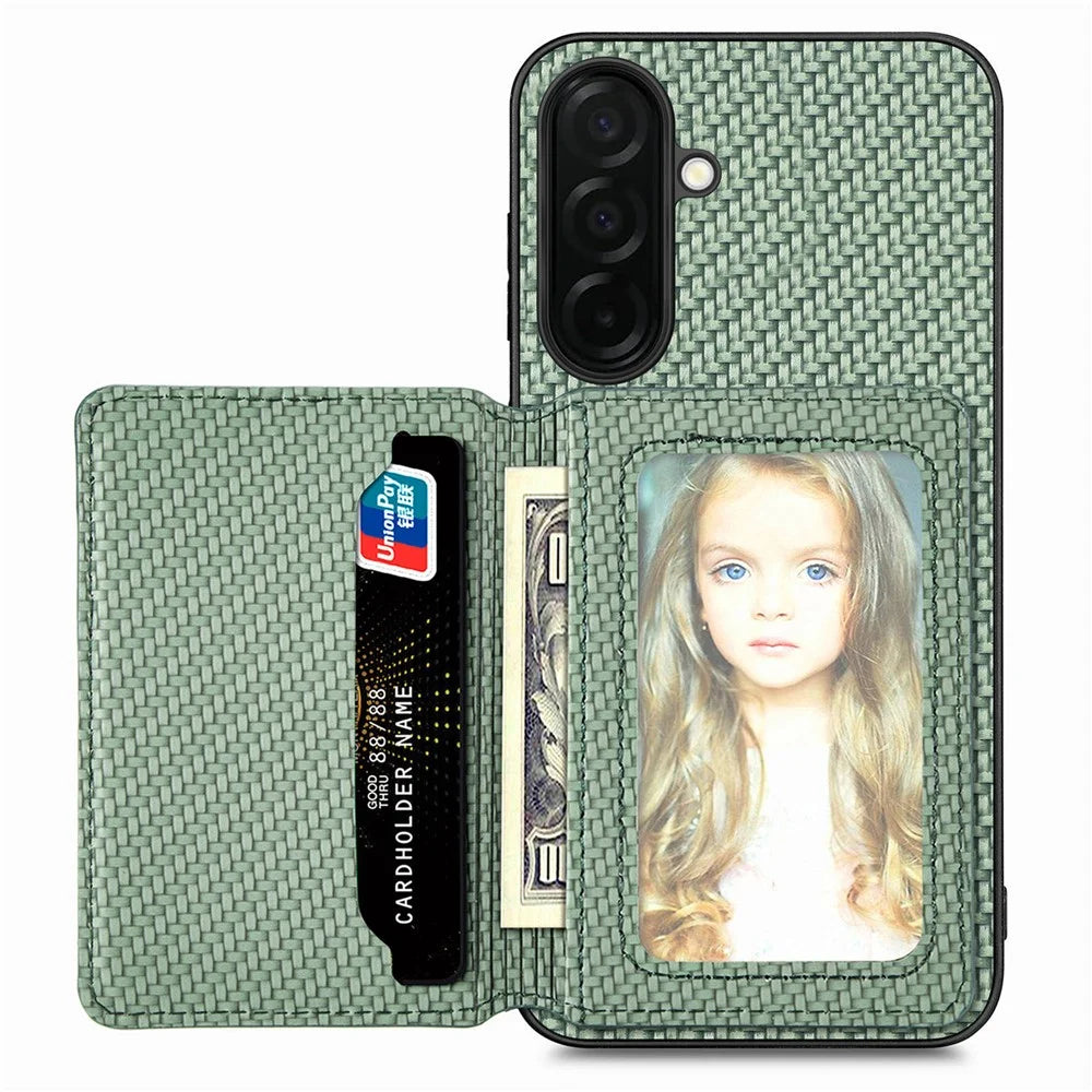 For Samsung Galaxy A37 5G Case RFID Blocking Carbon Fiber Leather Phone Back Cover with Card Holder - Green - 3