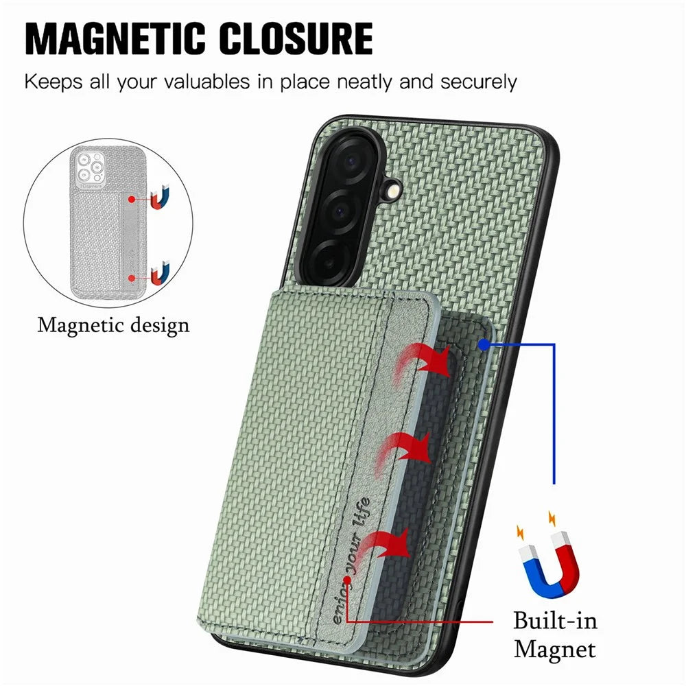 For Samsung Galaxy A37 5G Case RFID Blocking Carbon Fiber Leather Phone Back Cover with Card Holder - Green - 4
