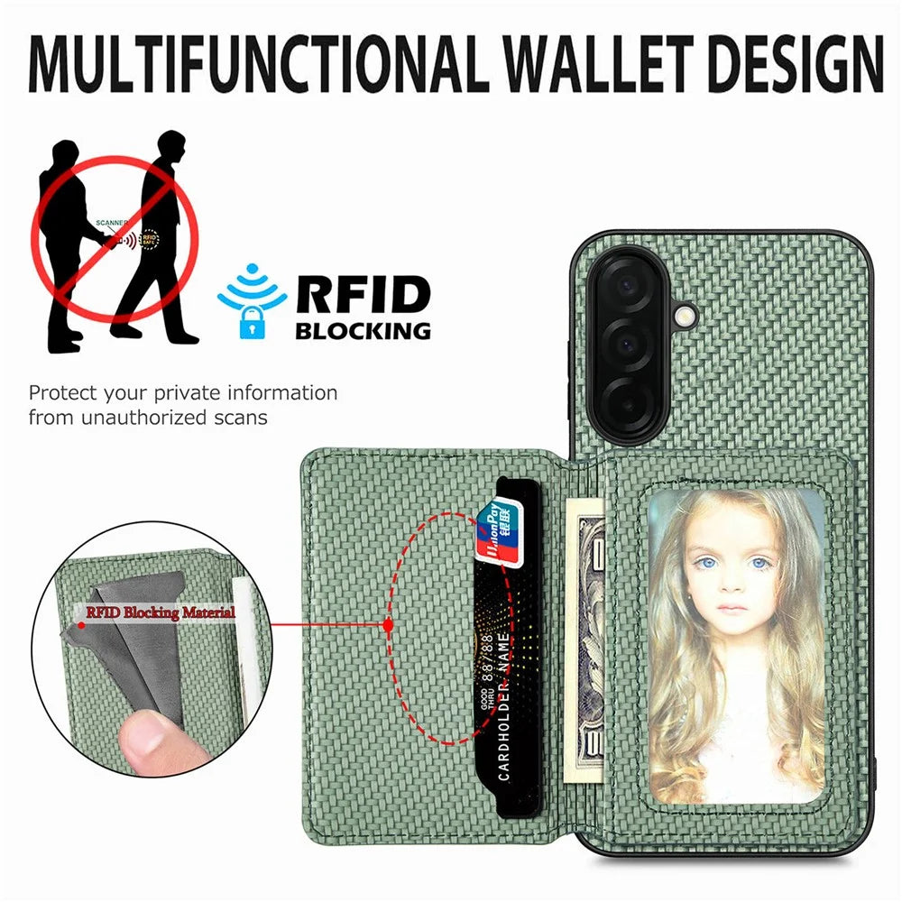 For Samsung Galaxy A37 5G Case RFID Blocking Carbon Fiber Leather Phone Back Cover with Card Holder - Green - 5