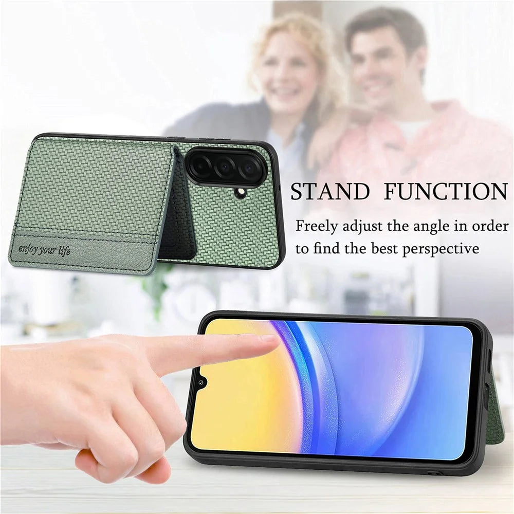 For Samsung Galaxy A37 5G Case RFID Blocking Carbon Fiber Leather Phone Back Cover with Card Holder - Green - 6