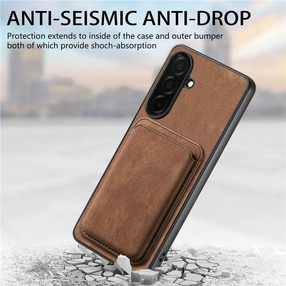 For Samsung Galaxy A57 5G Magnetic Case Retro Leather + TPU Phone Cover with Detachable Card Slot - Brown - 6