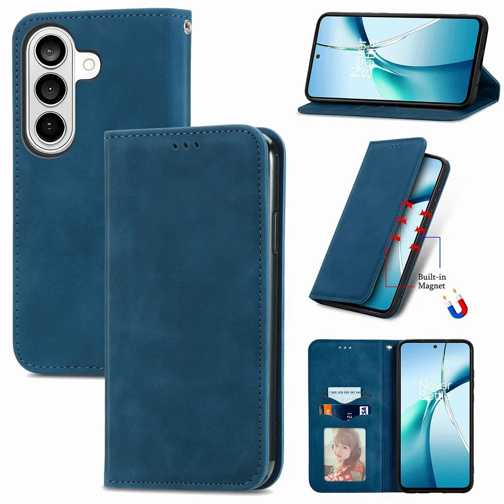 For Samsung Galaxy A57 5G Leather Case with Card Holder Magnetic Absorption Phone Cover - Dark Blue - 6