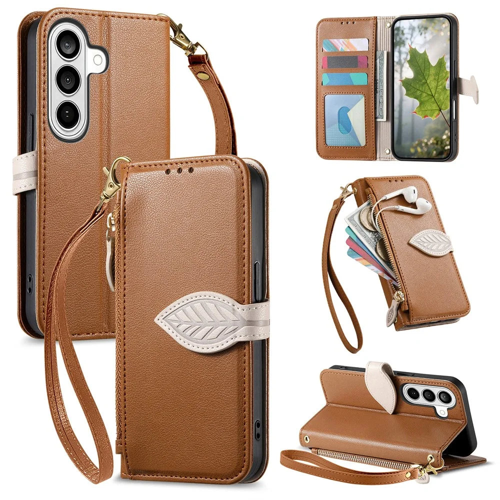 For Samsung Galaxy A57 5G Stand Case Leaf Shape Magnetic Clasp Leather Phone Cover with Hand Strap - Brown - 1