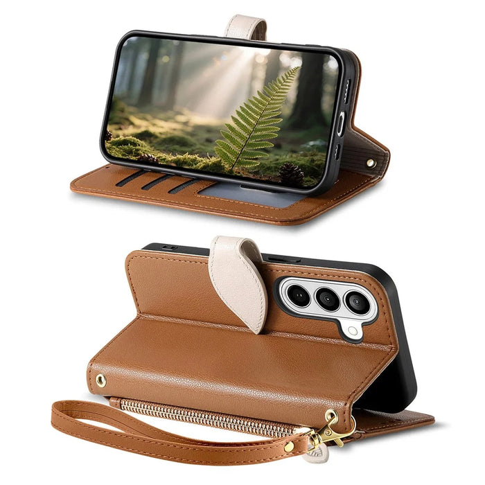 For Samsung Galaxy A57 5G Stand Case Leaf Shape Magnetic Clasp Leather Phone Cover with Hand Strap - Brown - 3