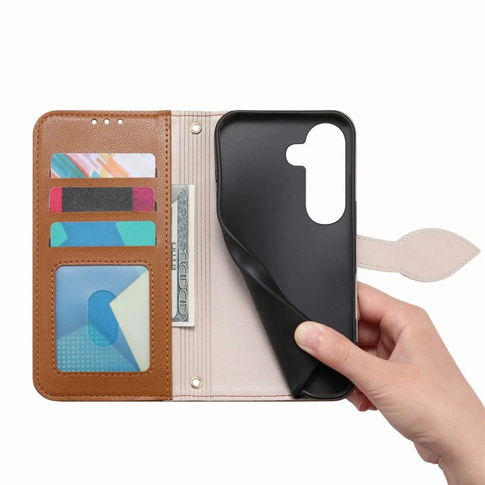 For Samsung Galaxy A57 5G Stand Case Leaf Shape Magnetic Clasp Leather Phone Cover with Hand Strap - Brown - 4